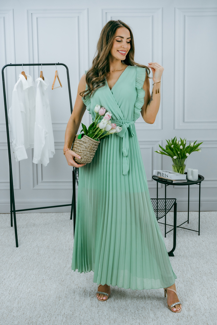 Zielona plisowana sukienka Lorenza z wiązanym paskiem