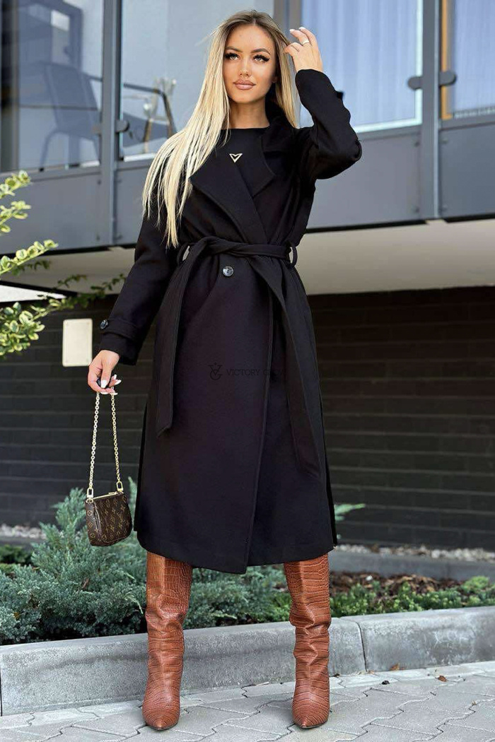 Klasyczny wełniany czarny płaszcz bez podszewki Marina