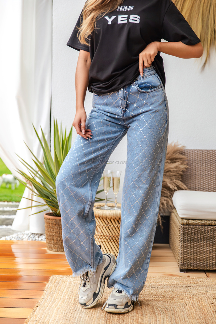 Szerokie spodnie Roseline jeans zdobiony cyrkoniami