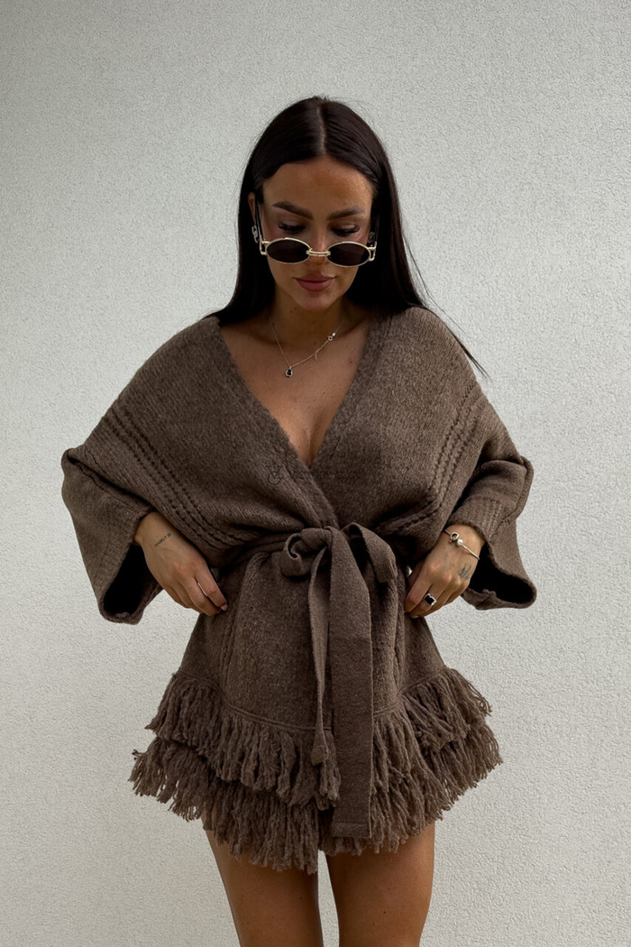 Wełniany kardigan boho z paskiem Oriana czekoladowy