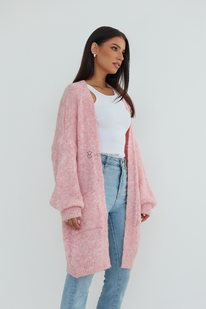 Puszysty kardigan Mira z kieszeniami różowy