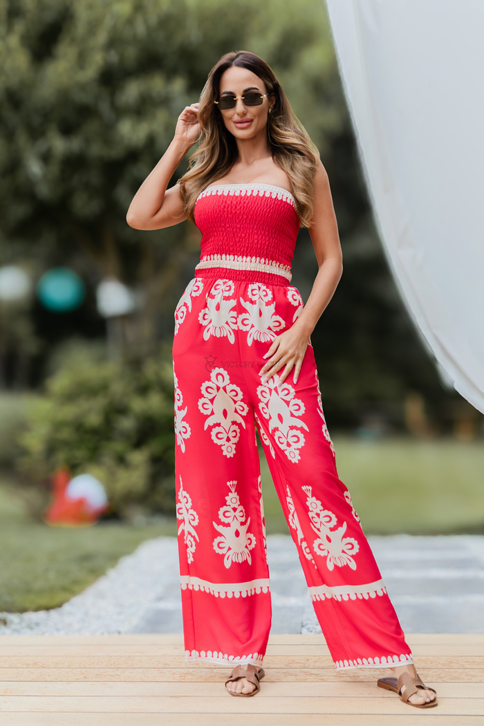 Długi kombinezon bandeau Mirna  czerwony ze wzorem