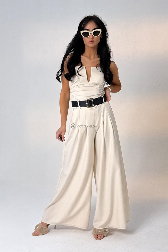 Spodnie szerokie wide z paskiem Tailor jasny beż