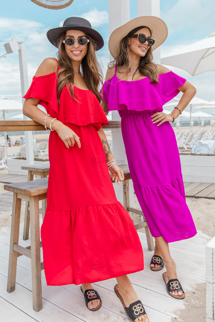 Zwiewna midi sukienka Asha z falbanami fuksja