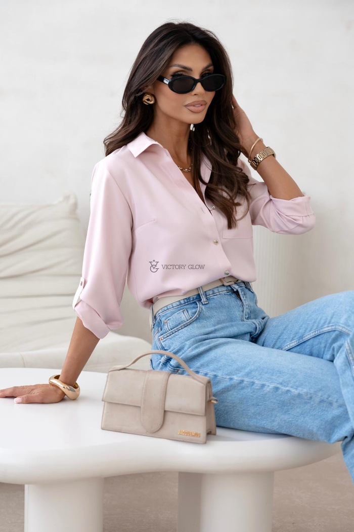 Klasyczna koszula Bruna złote guziki Premium pudrowy róż