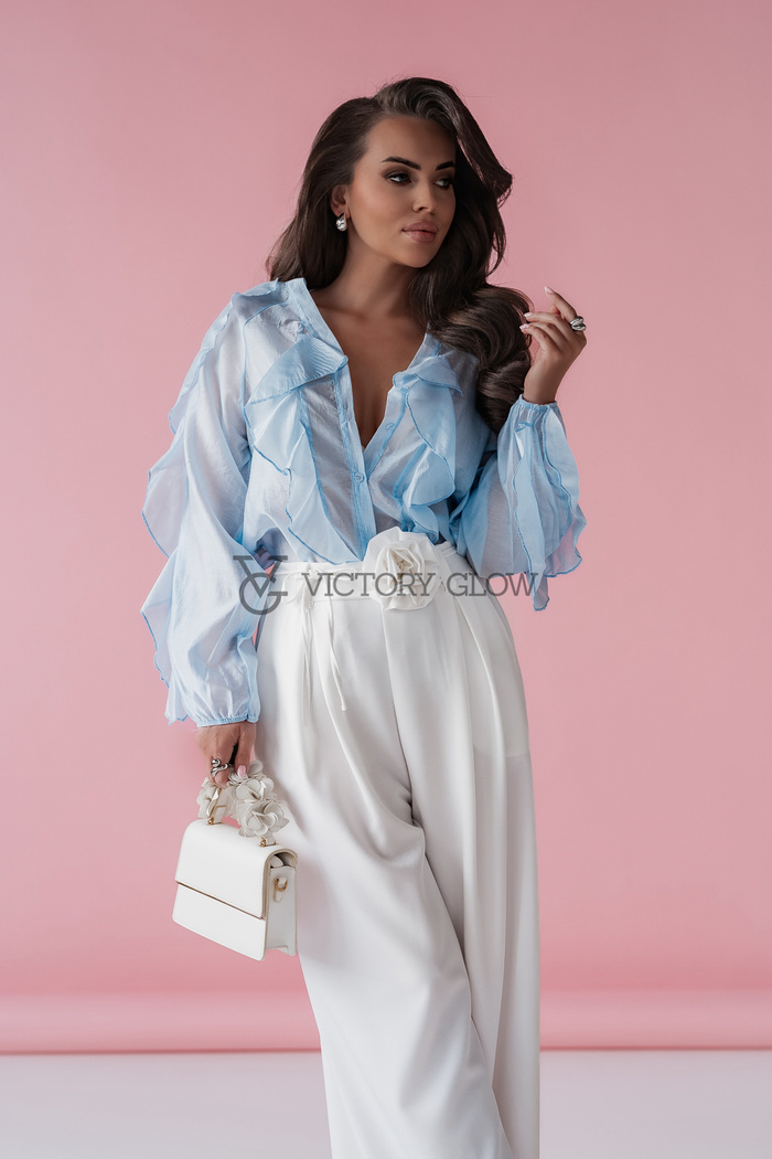 Koszula oversize z falbanami Ella niebieska