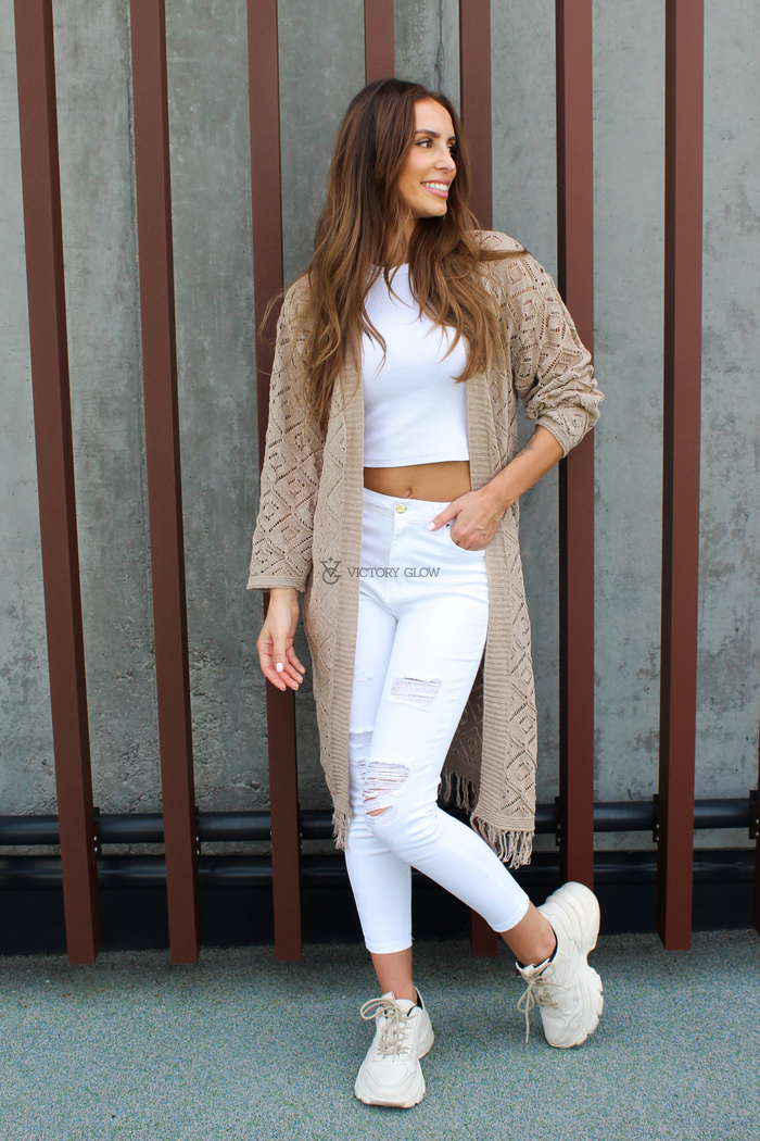 Beżowy ażurowy kardigan Lila bez zapięcia z frędzlami